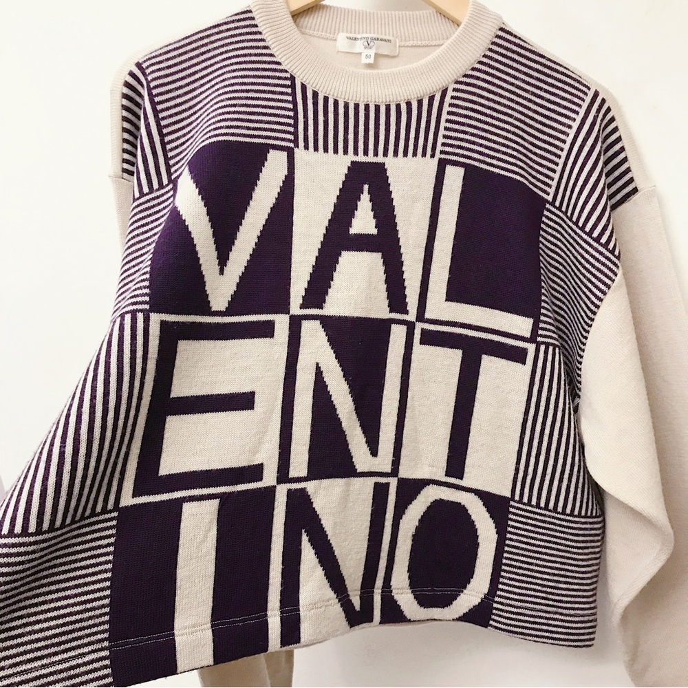 Valentino Garavani Sport Cream Purple Wool Logo Crop Sweater Medium M - Picture 2 of 6